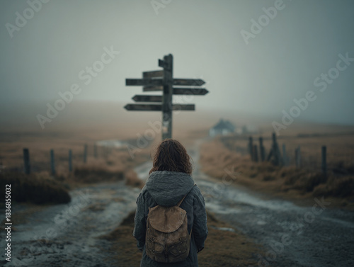 Person Standing at Crossroads with Many Signs Confusion