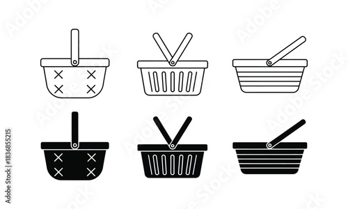 Collection of different baskets illustration in outline and solid style