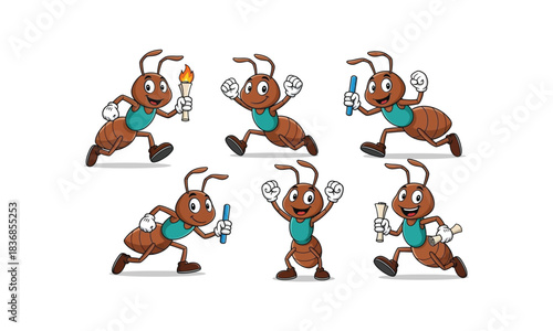 Illustration of brown ants carrying objects on white background vector