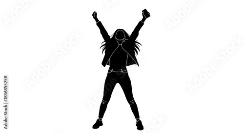 Confident woman celebrating success with arms raised high
