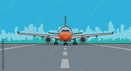 Airplane on runway ready for takeoff in city