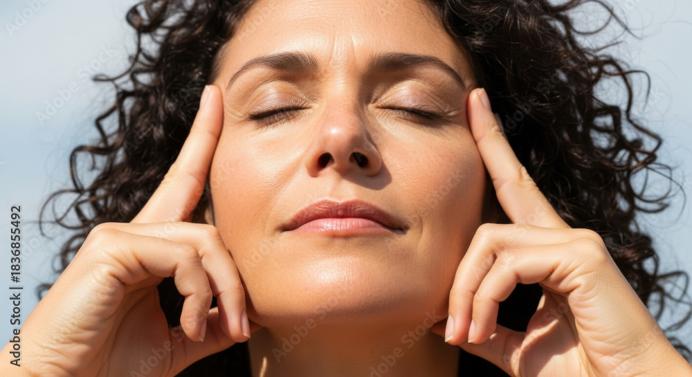 Obraz premium Close up of a woman meditating outdoors under sunlight with eyes closed fingers on temples, with curly dark hair against a blurry sky background.