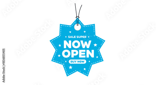 Blue star shaped sale tag with now open buy now text