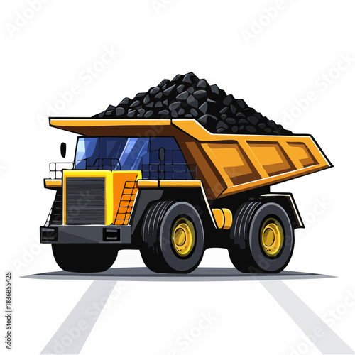 Large industrial mining dump truck carrying coal, ore, or rock material. Heavy equipment vehicle isolated on a white background.