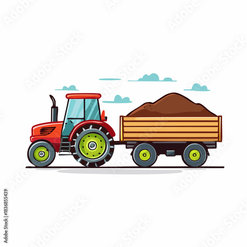Red farm tractor pulling soil trailer on white background
