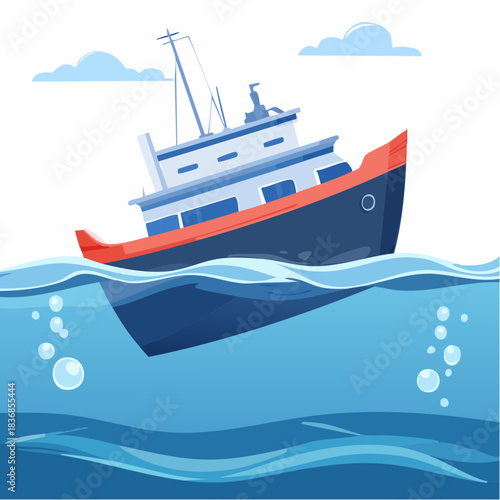 Fishing boat about to sink in calm blue ocean
