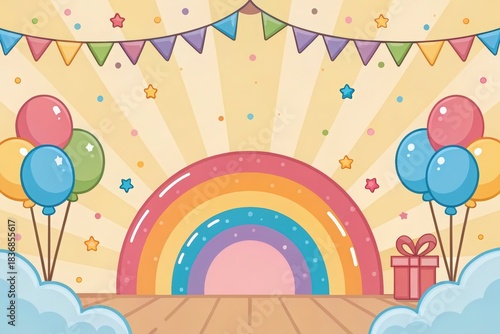 Cheerful party celebration stage setup with vibrant rainbow balloons and decorative bunting flags