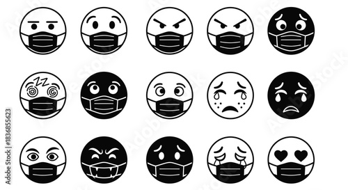 Various faces wearing masks show different emotions and expressions