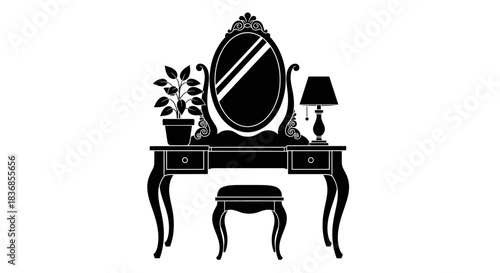 Elegant vanity setup with mirror and stool