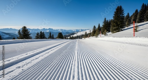 Empty groomed ski trail stretching through a pristine snowy mountain landscape under clear blue sky for winter sports and serene nature concept