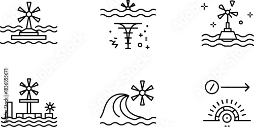Sustainable water storage and rainwater harvesting icon set. Fluid tank, resource management, and conservation vector symbols.