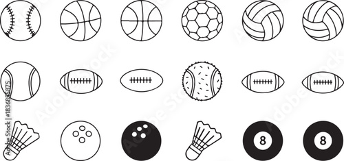 A stylish vector set of sports ball icons, showcasing equipment from multiple popular sports.