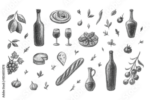 French Cuisine Sketch Set  Hand-Drawn Food & Wine Illustrations