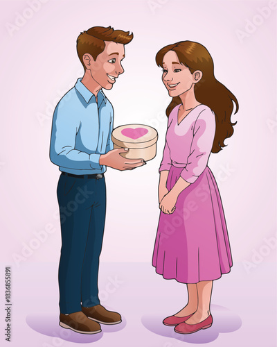 illustration of a man giving a love gift for her girlfriend on park nature background