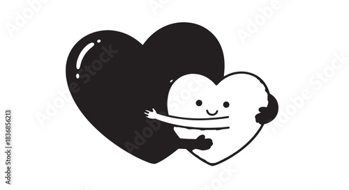 Playful cartoon illustration of two hearts embracing a smiling character in black and white.
