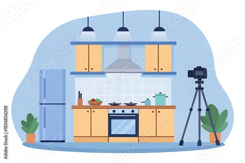 Contemporary kitchen interior with cooking appliances and a camera on tripod for food vlogging