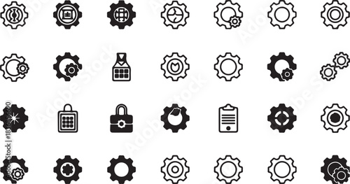 Cogwheel icon set featuring gear wheels, manufacturing symbols, and logotypes for settings, progress, and repair. Vector illustration.