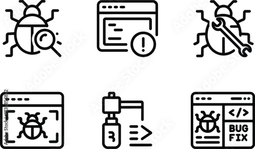 Bug fixing and software debugging line icon set. Code testing, error analysis, and development problem vector symbols.