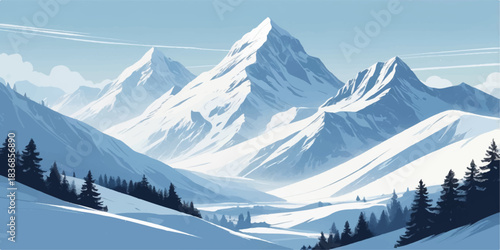 Stylized alpine mountains in icy blue palette, modern vector landscape composition