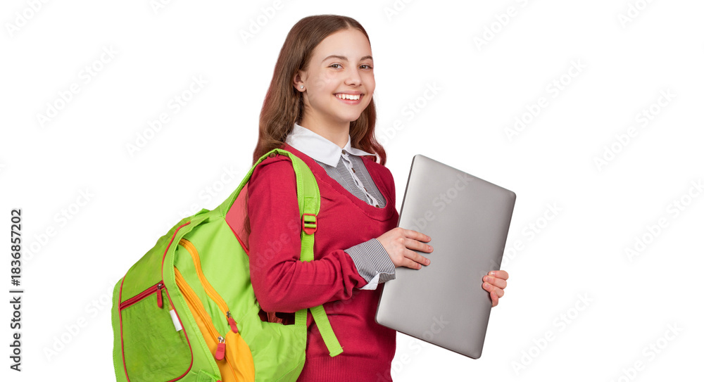 Obraz premium Student girl use laptop for schooling knowledge. Online education. Back to school. School girl study online. Education blog. School blog on laptop. Teen girl has video lesson