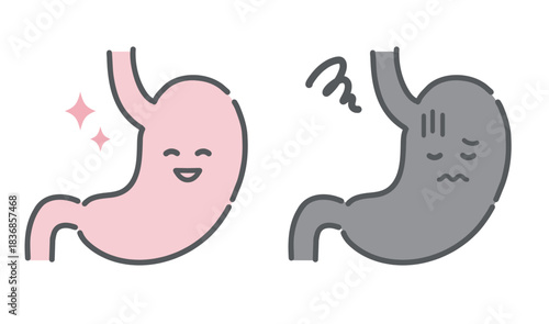 健康な胃と不調な胃の比較イラスト（キャラクター・胃炎・ストレス）