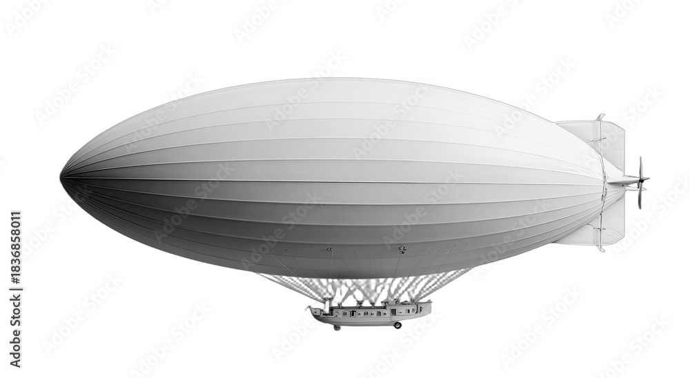Fototapeta premium Sleek, white airship with gondola suspended below against a black background