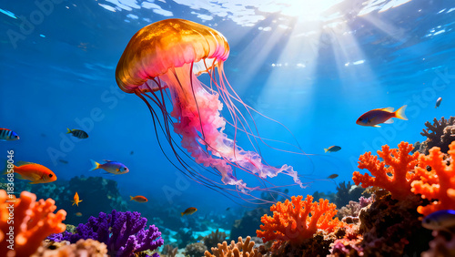 Jellyfish swimming above vibrant coral reef ecosystem with sun rays piercing deep blue ocean water illuminating tropical marine life and colorful fish below