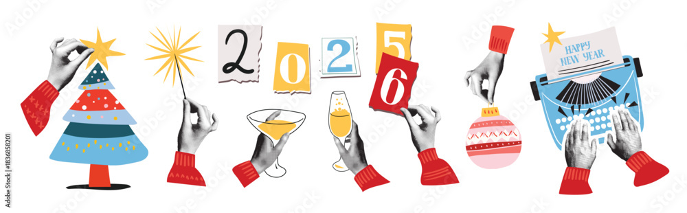 Obraz premium Happy New Year. A modern halftone collage featuring hands with the numbers 2026, holding a glass of champagne, and a sparkler. Vector illustration for greeting cards, posters, and banners.