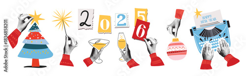 Happy New Year. A modern halftone collage featuring hands with the numbers 2026, holding a glass of champagne, and a sparkler. Vector illustration for greeting cards, posters, and banners.