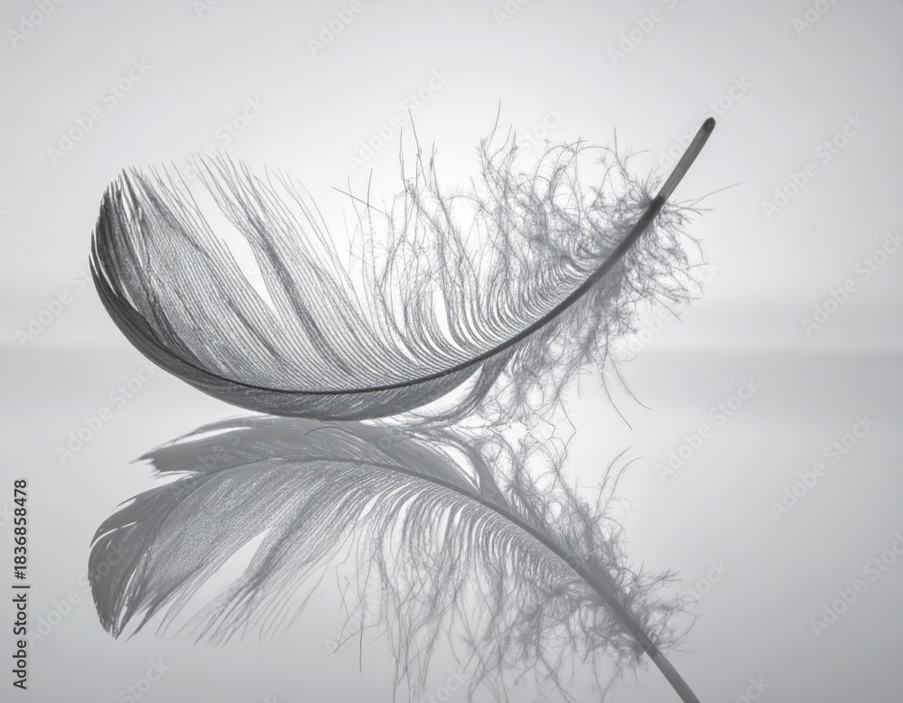 Obraz premium A delicate single gray feather captured in a stunning monochrome reflection on a smooth surface