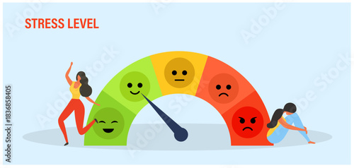 Emoji satisfaction meter, low stress and good mood indicator.  Good Mentally healthy people, Professional productivity, motivation, enthusiasm vector illustration