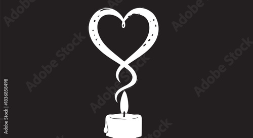 Romantic candle with heart-shaped string rising from wick on dark background.
