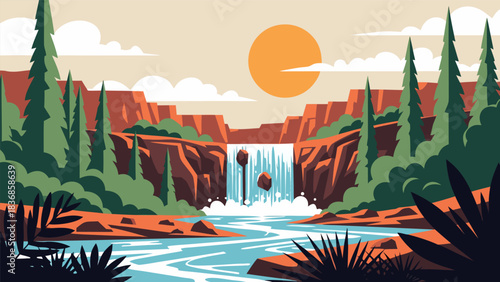 Vibrant Flat Design Illustration of a Majestic Waterfall Cascading into a Serene River Amidst a Lush Canyon Landscape with a Bright Sun