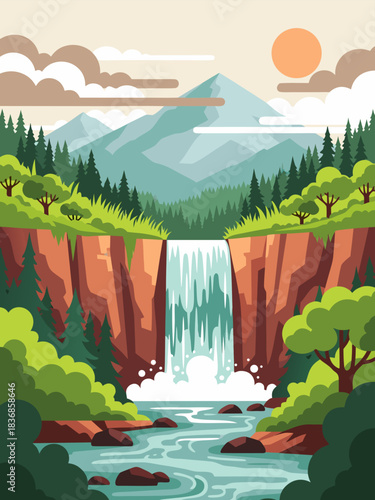 A stunning natural landscape illustration featuring a majestic waterfall cascading down rugged cliffs surrounded by lush green forests and distant mountains under a clear sky with a prominent sun