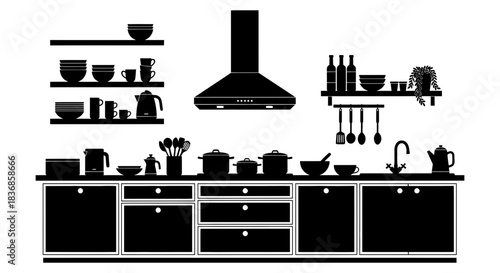 Modern kitchen interior with black silhouette design elements