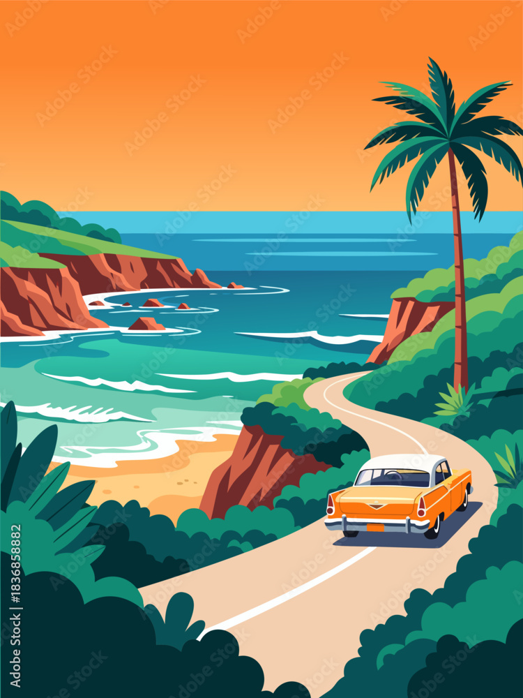 Naklejka premium Vintage Car Journeying Along a Winding Coastal Road Under a Vibrant Tropical Sunset, Evoking a Serene Summer Adventure