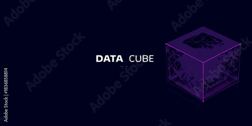 Abstract data cube visualization with glowing edges on dark background