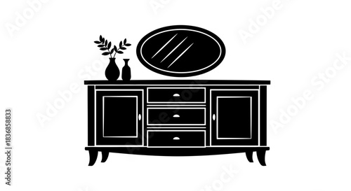Elegant sideboard with mirror and vases on top
