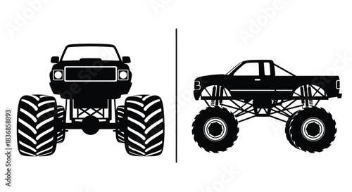 Monster trucks in black silhouette on white background