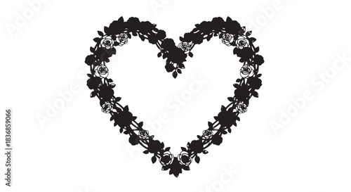 Heart-shaped floral silhouette made from black leaves for decorative graphic design.