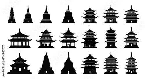 Asian temple and pagoda silhouettes in various styles