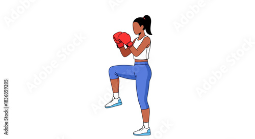 Female boxer in fighting stance with red gloves and blue leggings training