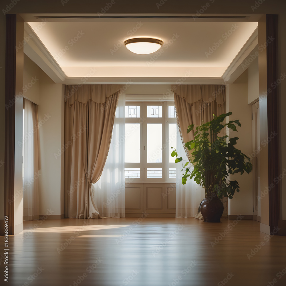 Fototapeta premium Elegance in the Interior: A well-lit and spacious room offers a sense of tranquility, its design exuding comfort. Featuring wooden floor and a large plant, this is an inviting space.