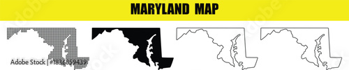 Four distinct graphic style maps of Maryland state showcasing its unique geographical outline in a modern vector design collection