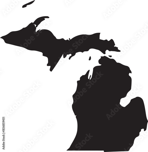 Detailed black silhouette map of Michigan state in USA showcasing its unique peninsular shape for design projects
