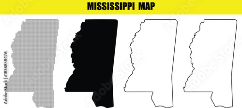 Mississippi state map vector illustration showcasing diverse styles including dotted solid and simple outline designs for graphic projects