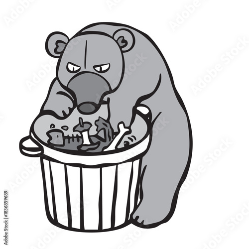 ゴミを漁るクマ_モノクロ　くま　熊　住宅街