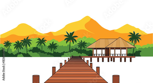 Tropical island getaway with wooden pier and hut