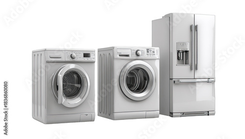 Three white appliances two front-loading washers and a refrigerator