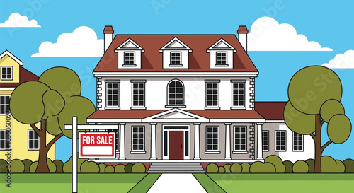 Beautiful house for sale with red roof and yard